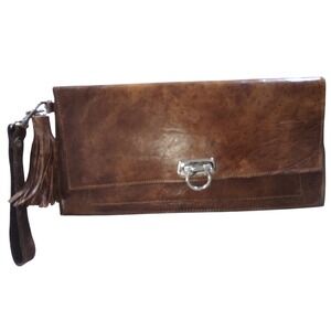 Balando Designs Brown Leather Clutch‎ Purse Wristlet Tassel Hinge Lock Closure